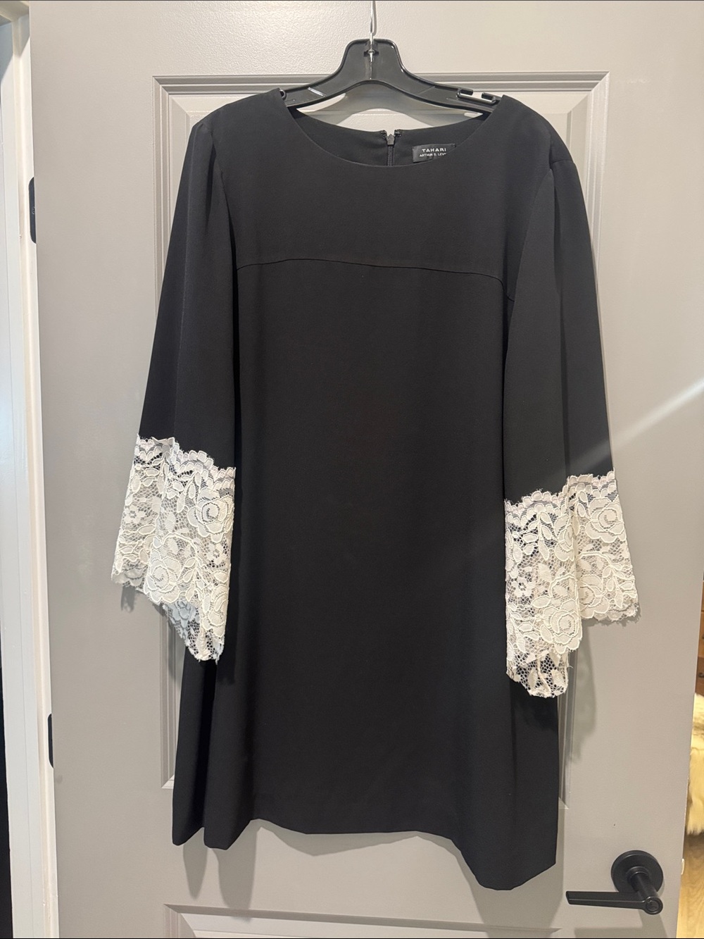 Tahari ASL Black Tunic Dress with White Lace Bell Sleeves